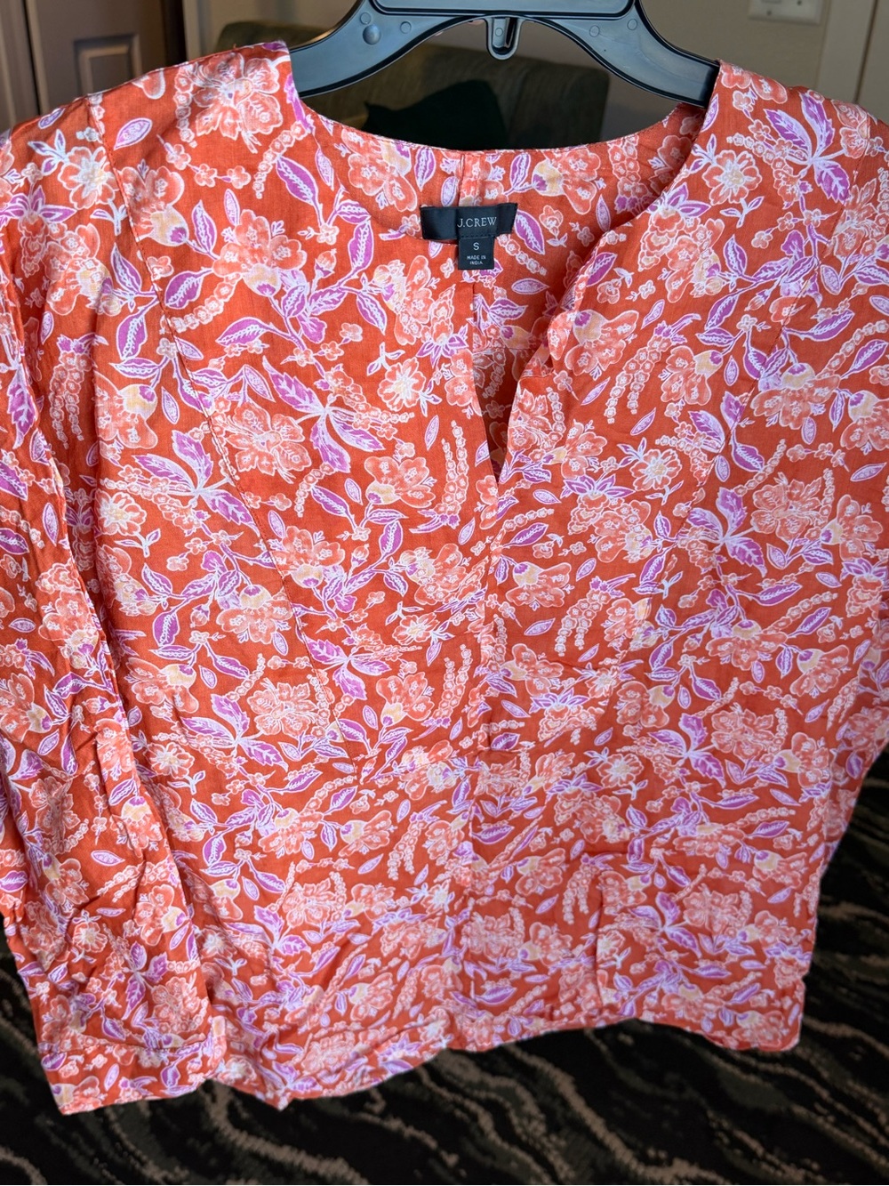 J. Crew Rusty-Orange Floral Ramie Fabric Split-Neck Tunic‎ #129